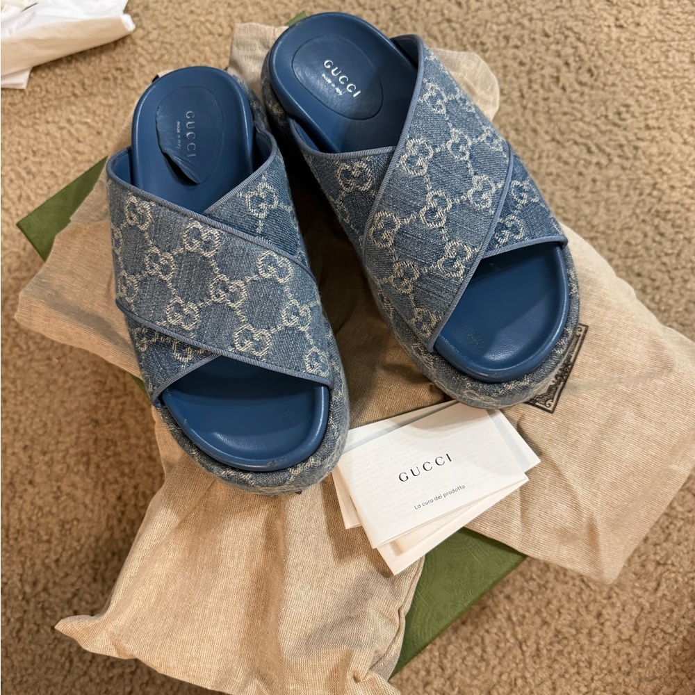 Angelina GG Denim Crisscross Platform Sandals